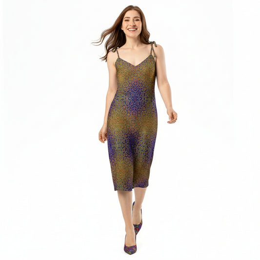 Woman wearing a patterned dress on a white background