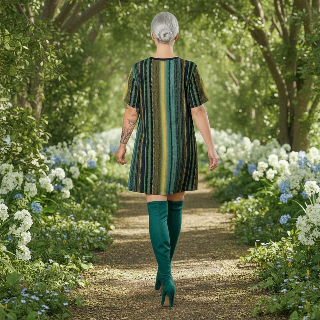 Person wearing a patterned dress with green and yellow stripes taking a walk in a very calming and relaxing garden