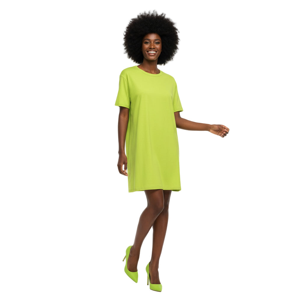 Woman wearing a bright green dress on a white background