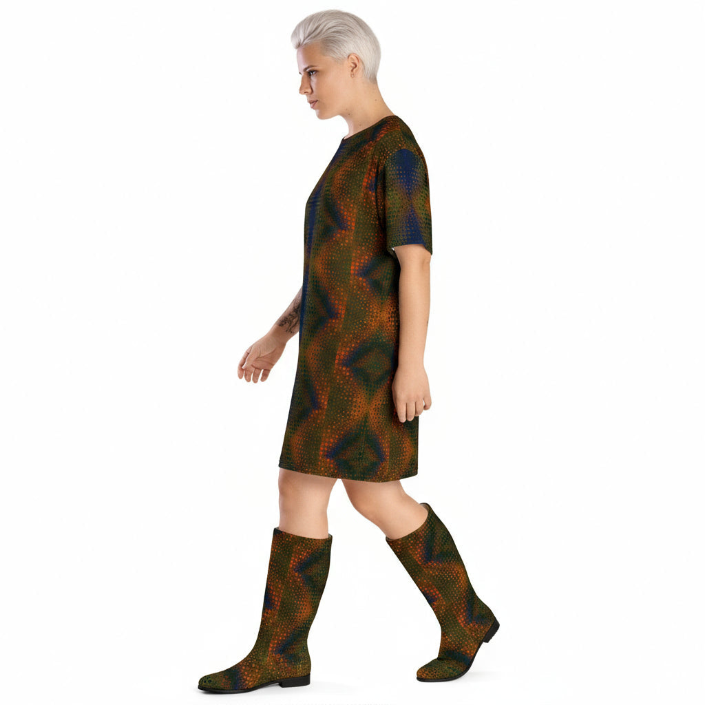 Woman wearing a patterned dress and boots on a white background