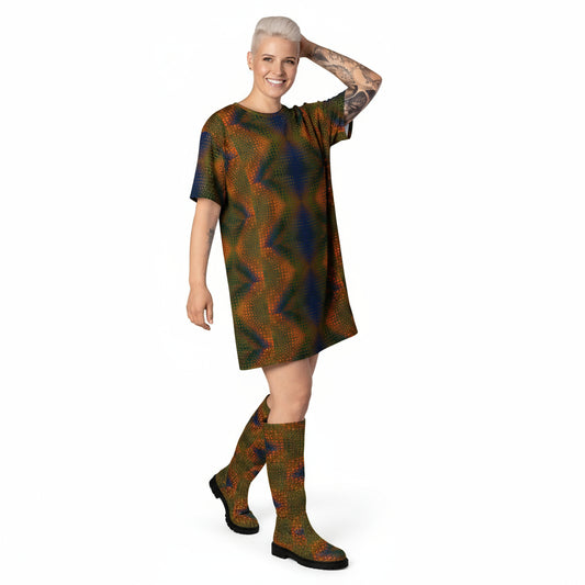 Person wearing a patterned dress on a white background