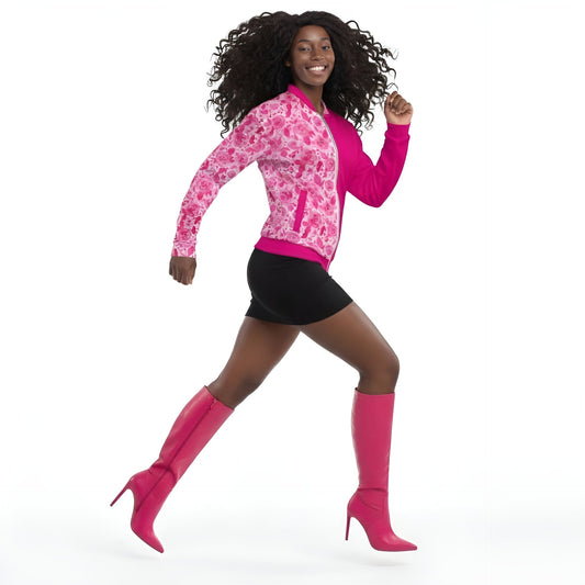 Woman wearing a KhuKhuZ barbie pink bomber jacket and black micro mini skirt with high boots on a white background
