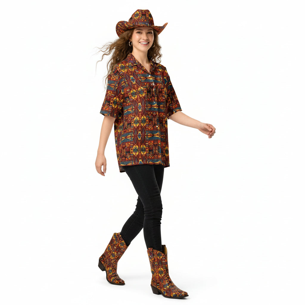 Woman wearing a patterned shirt, hat, and boots on a white background