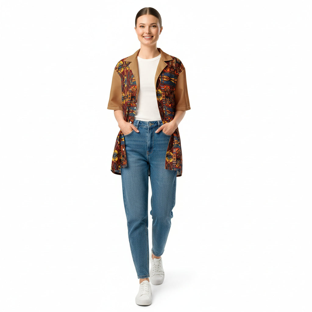 Woman wearing a colorful patterned cardigan over a beige shirt and blue jeans on a white background