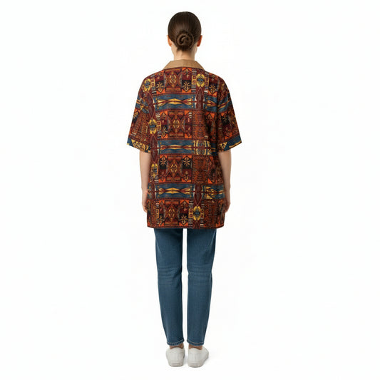 Woman wearing a colorful patterned jacket on a white background