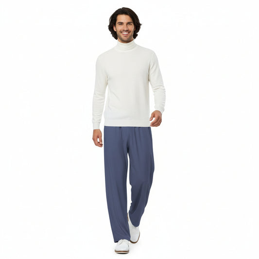 Person wearing a white t-shirt and blue pants on a white background