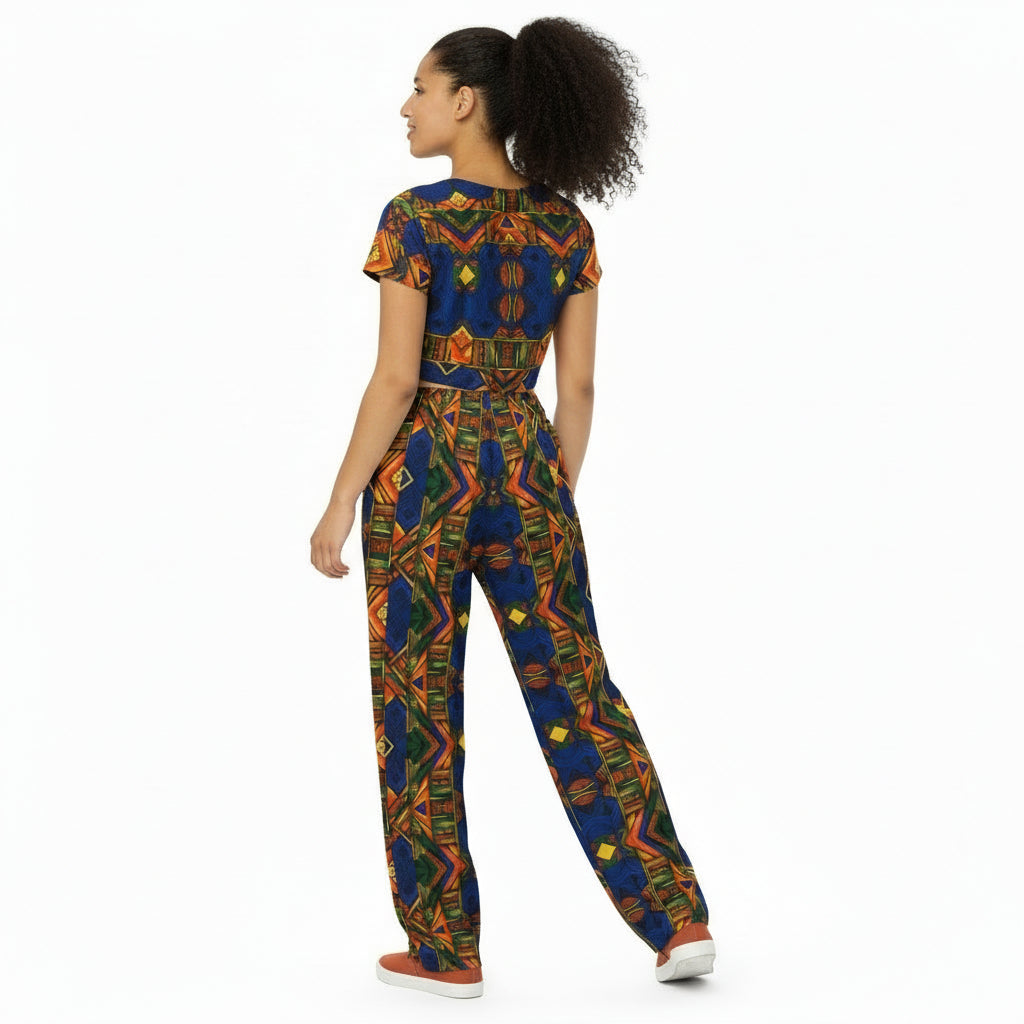 Woman wearing colorful patterned pants and a white top on a white background