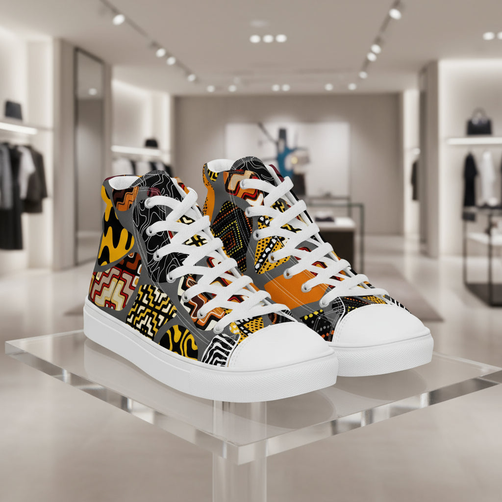 Colorful patterned sneakers on a glass platform in a store setting