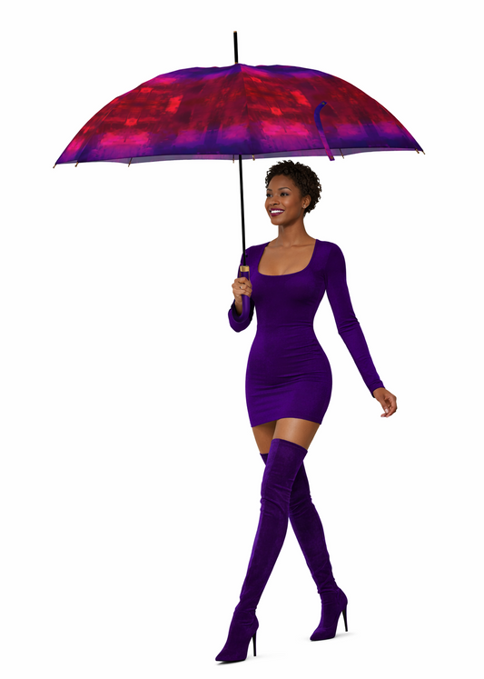 Woman in a purple dress and boots holding a matching  KhuKhuZ umbrella on a white background