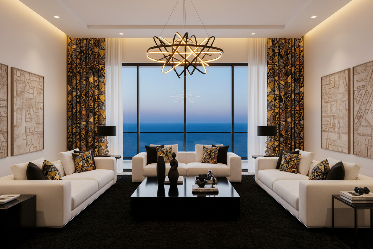 Modern living room with white sofas, decorative pillows, and a large window view.
