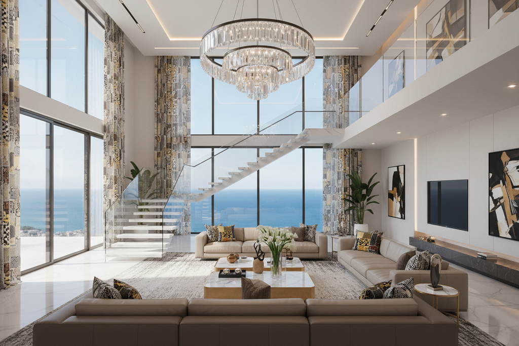 Modern living room with ocean view during sunset