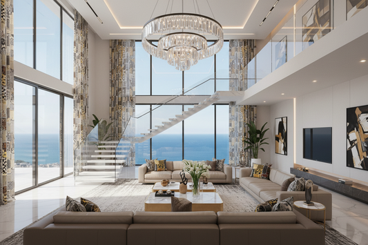 Modern living room with ocean view during sunset