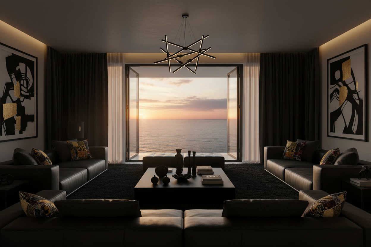 Modern living room with ocean view during sunset, with throwcushions