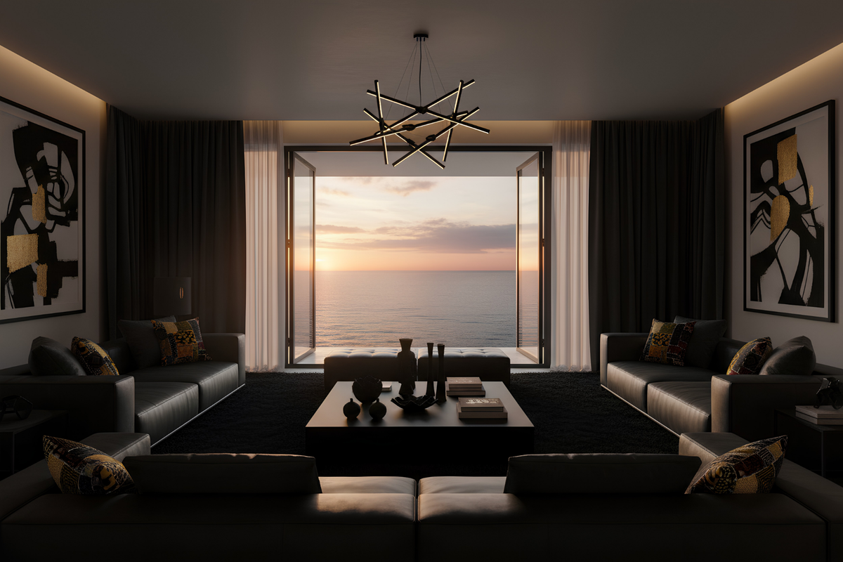 Modern living room with ocean view during sunset, with throwcushions