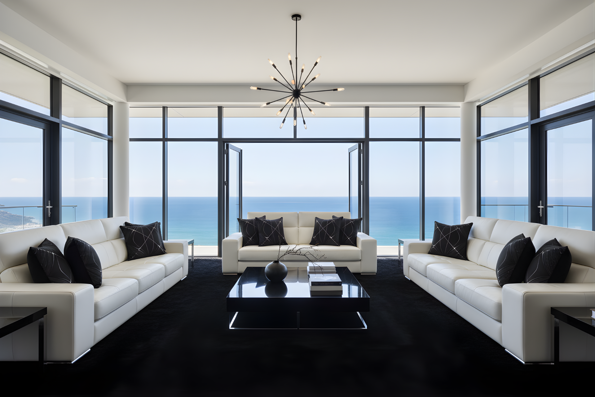 Modern living room with white sofas, black coffee table, and large windows overlooking the ocean.