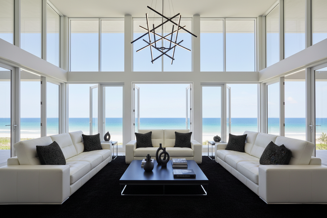 Modern living room with white sofas, black coffee table, and ocean view.