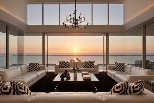 Modern living room with ocean view during sunset