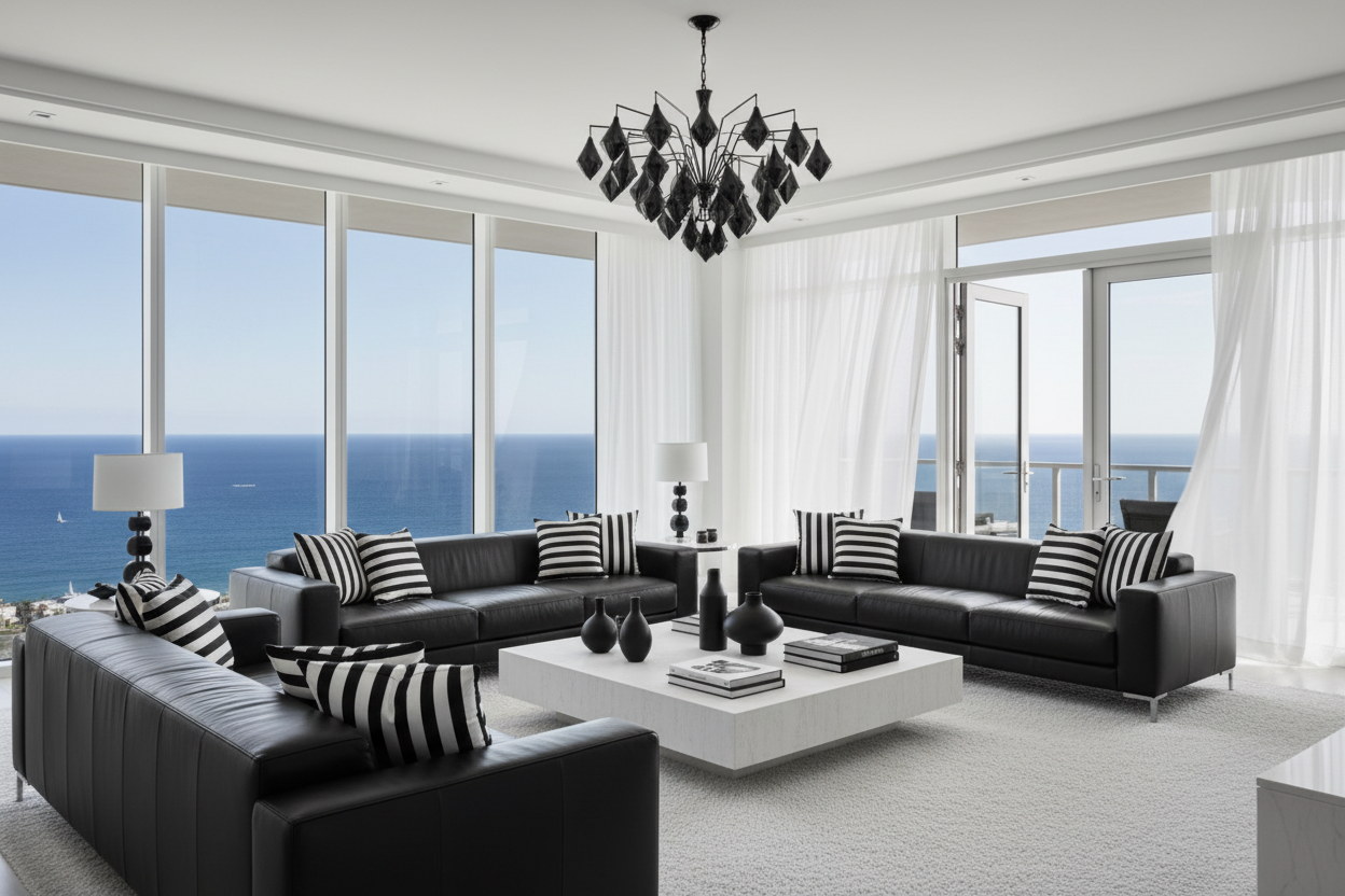 Modern living room with black leather sofas, striped cushions, and a chandelier.