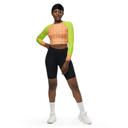Recycled Long-Sleeve Crop Top Peach Fuzz and Neon Green Sleeves