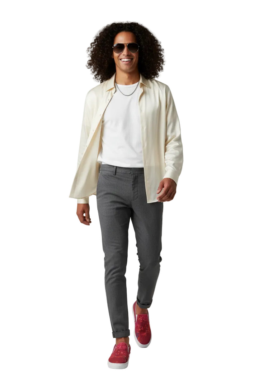 A man wearing a cream satin shirt, white t-shirt, gray slim-fit pants, and red slip-on sneakers, walking forward against a solid white background.