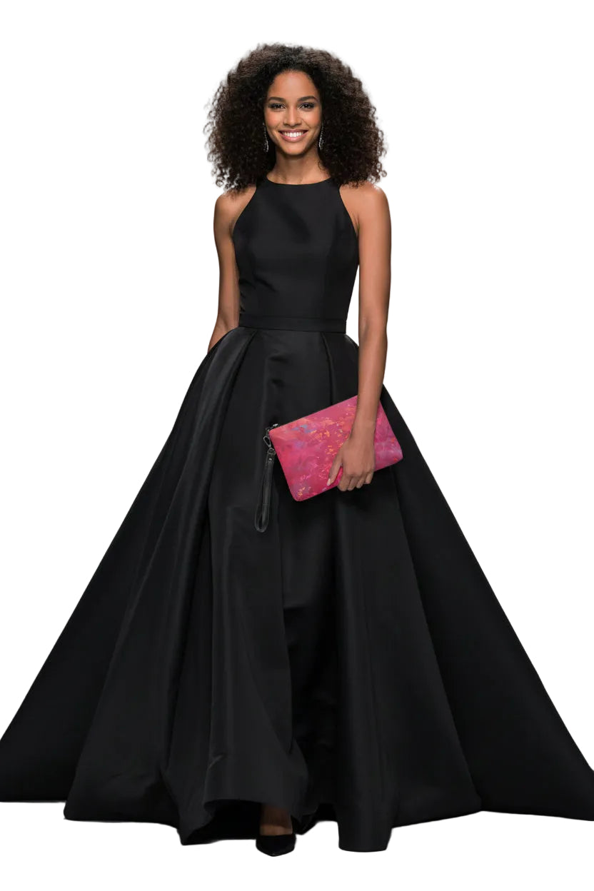 Model wearing a long black dress  holding a pink cross body clutch bag.