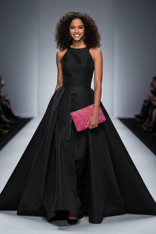 Model wearing a long black dress  holding a pink cross body clutch bag.