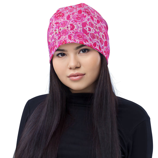 Beanie Hat Barbie Pink Floral Viva Magenta Abstract Print Design 2