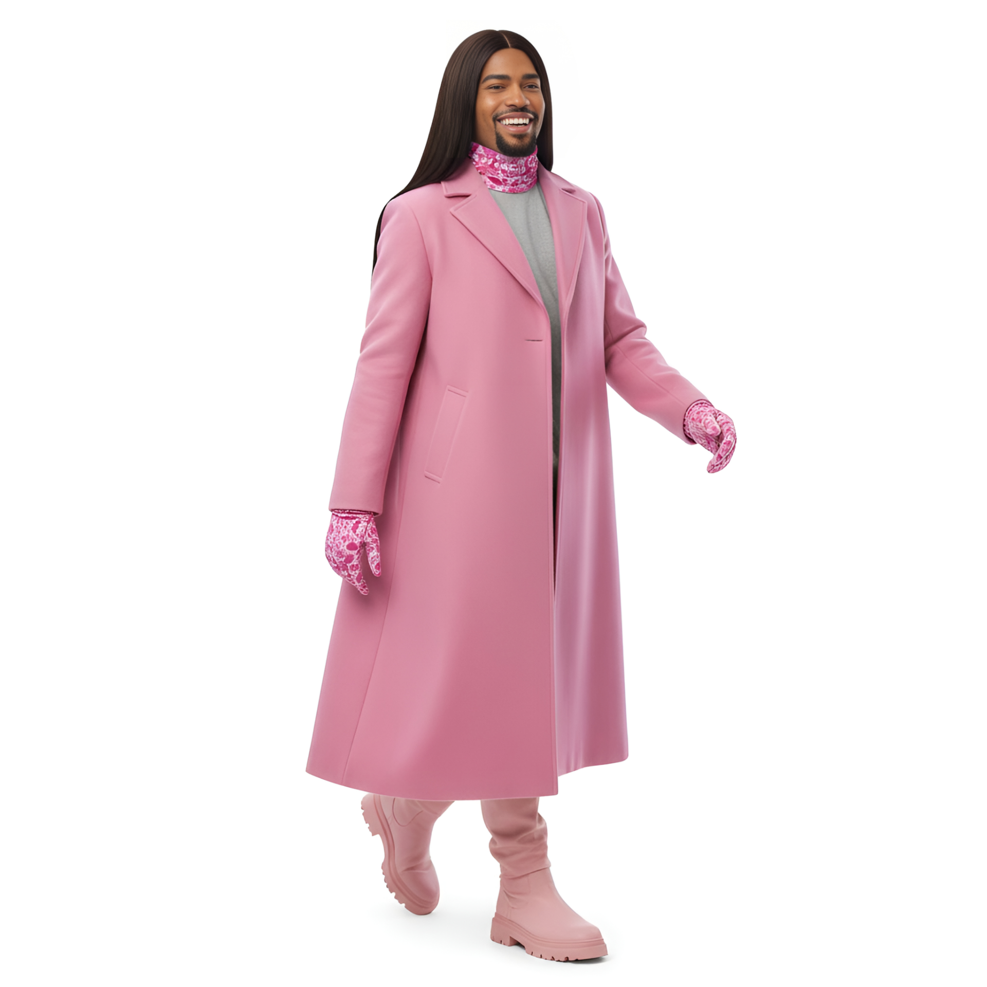 Person wearing a long pink coat with matching gloves and boots on a white background