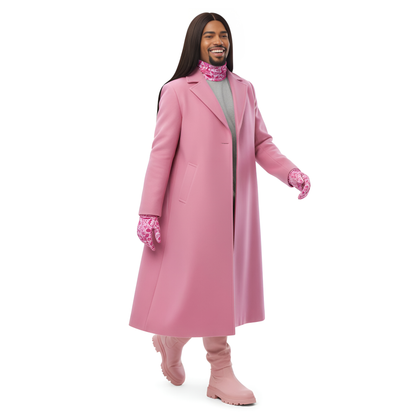 Person wearing a long pink coat with matching gloves and boots on a white background