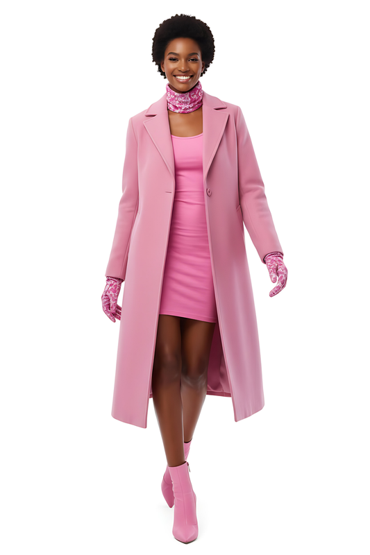 Woman wearing a long pink coat over a pink dress on a white background