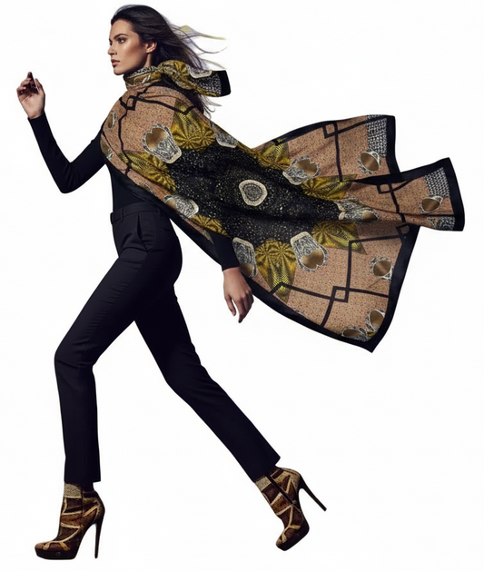 Woman wearing a black outfit with a large decorative shawl on a white background