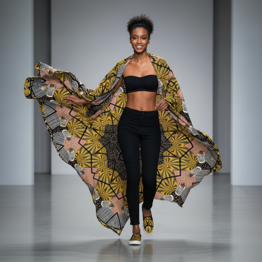 Model wearing a colorful, patterned scarf on a runway