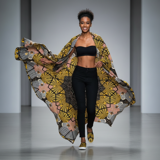 Model wearing a colorful, patterned scarf on a runway