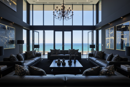 Modern living room with large windows overlooking the ocean, with BP Interiors and Styling animal print design throw cushions