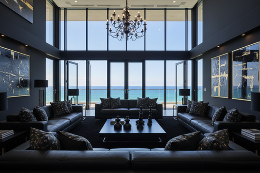 Modern living room with large windows overlooking the ocean, with BP Interiors and Styling animal print design throw cushions