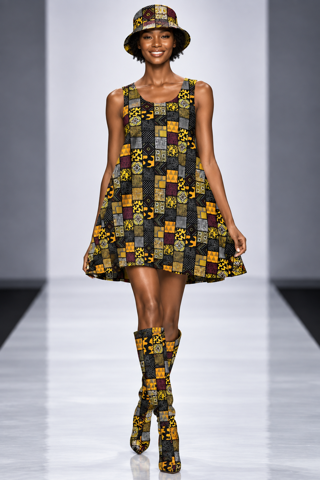 A sleeveless A-line dress with a vibrant African wax print patchwork pattern featuring squares of black, orange, yellow, brown, and gray with various geometric and animal print motifs, shown flat on a white background.