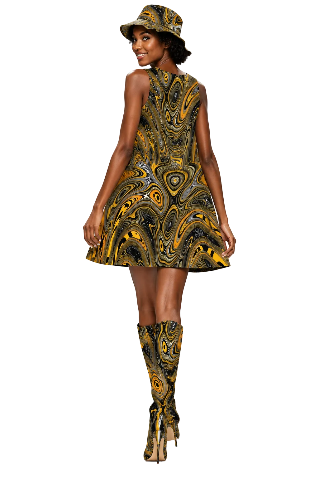 A sleeveless A-line dress with a vibrant, swirling abstract fluid art pattern in yellow, black, and gray, shown against a plain white background.