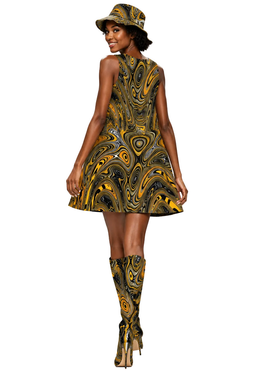 A sleeveless A-line dress with a vibrant, swirling abstract fluid art pattern in yellow, black, and gray, shown against a plain white background.