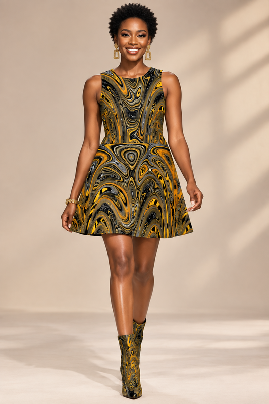 A sleeveless A-line dress with a vibrant, swirling abstract fluid art pattern in yellow, black, and gray, shown against a plain white background.