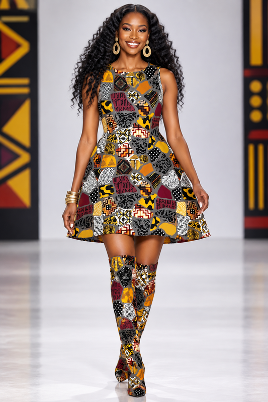 A sleeveless A-line dress with a vibrant, multicolor geometric patchwork pattern featuring black, orange, yellow, white, and burgundy shapes with text, shown on a plain white background.