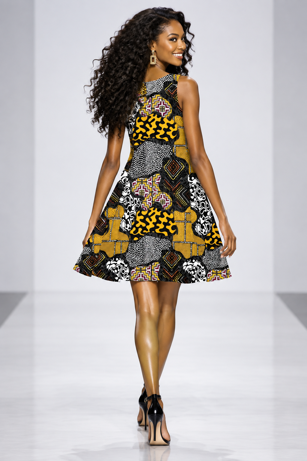 A sleeveless A-line dress featuring an all-over African wax print (Ankara) pattern with yellow, black, white, and purple geometric and leopard-print panels, shown on a plain white background.