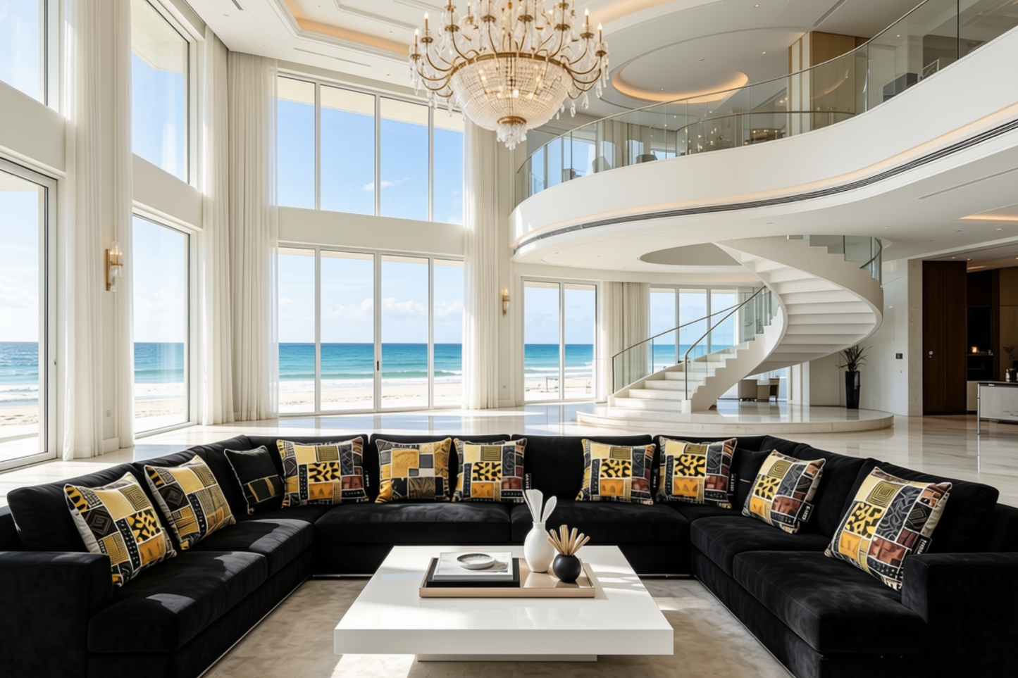 Modern living room with ocean view, black sectional sofa, and chandelier.