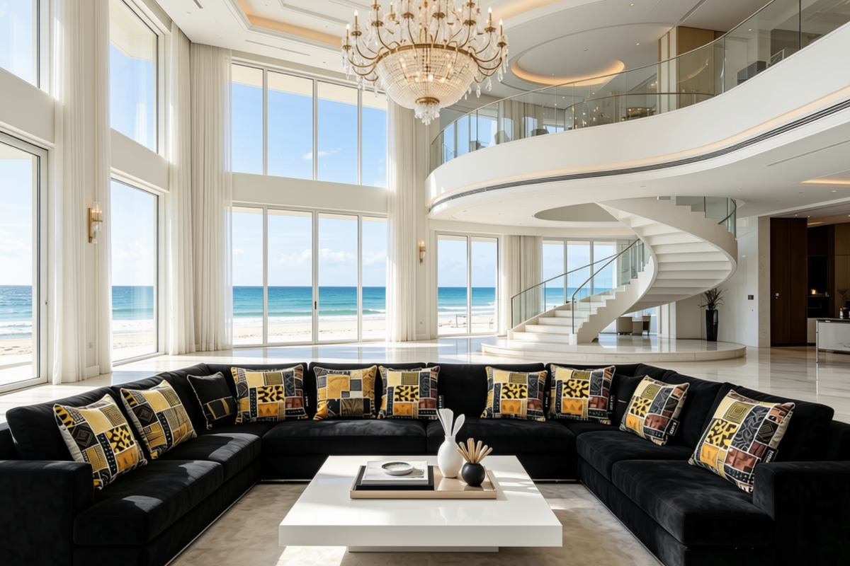 Modern living room with ocean view, black sectional sofa, and chandelier.