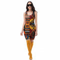 Woman wearing a colorful patterned dress on a white background