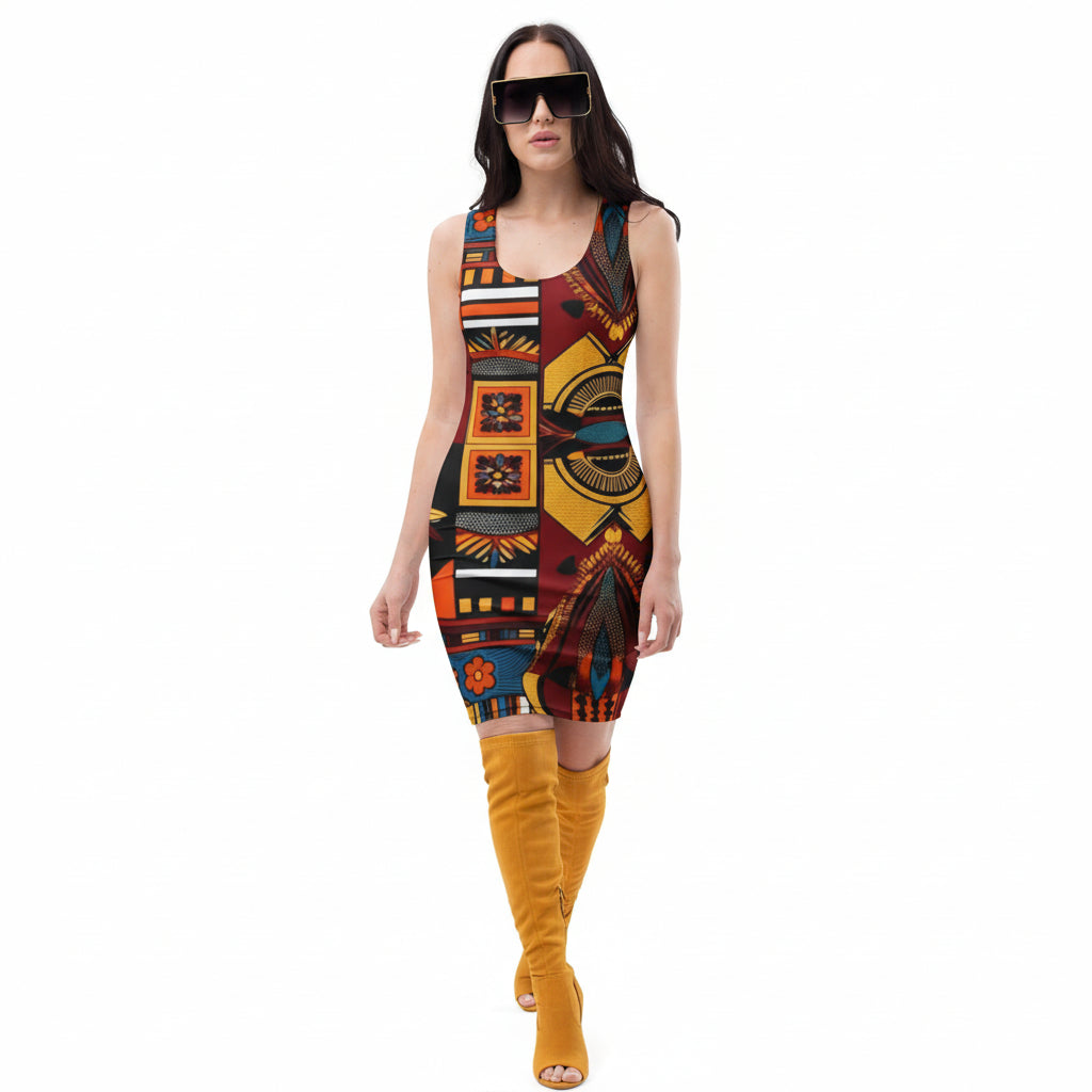Woman wearing a colorful patterned dress on a white background