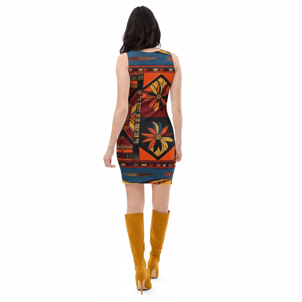 Woman wearing a colorful patterned dress with mustard yellow boots on a white background