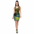 Woman wearing a sleeveless Bodycon dress with a geometric pattern on a white background