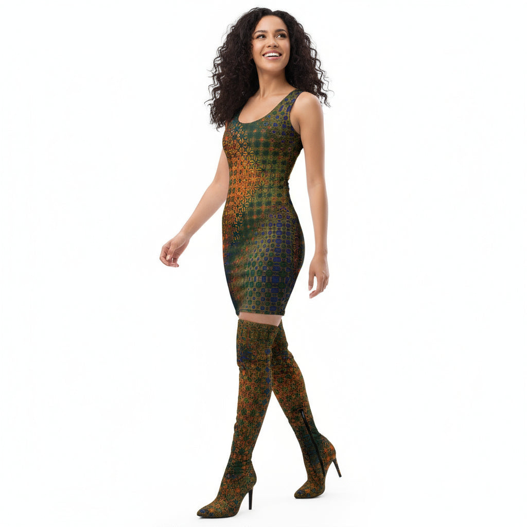 Woman wearing a patterned dress and matching knee-high boots on a white background