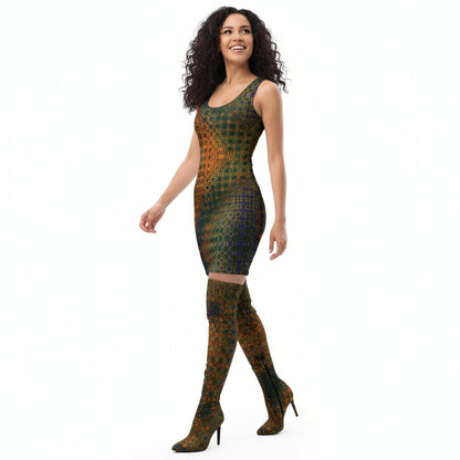 Woman wearing a patterned dress and matching knee-high boots on a white background