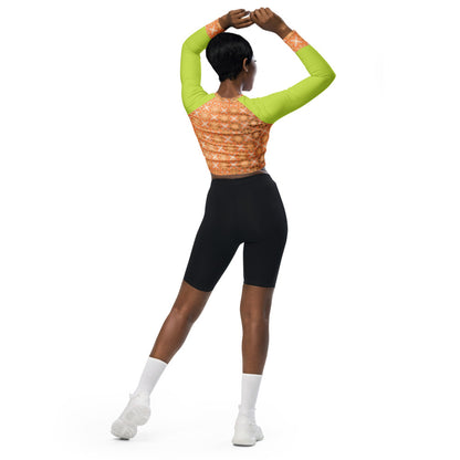 Recycled Long-Sleeve Crop Top Peach Fuzz and Neon Green Sleeves